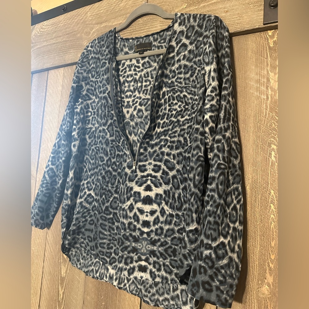 Blue Leopard Print Long Sleeve Half Zip Blouse